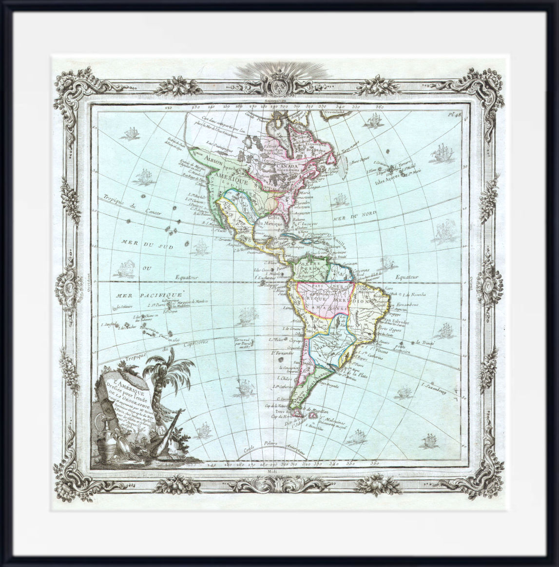 A framed vintage-style map of North and South America with decorative ornamental border details, shown against a white background.
