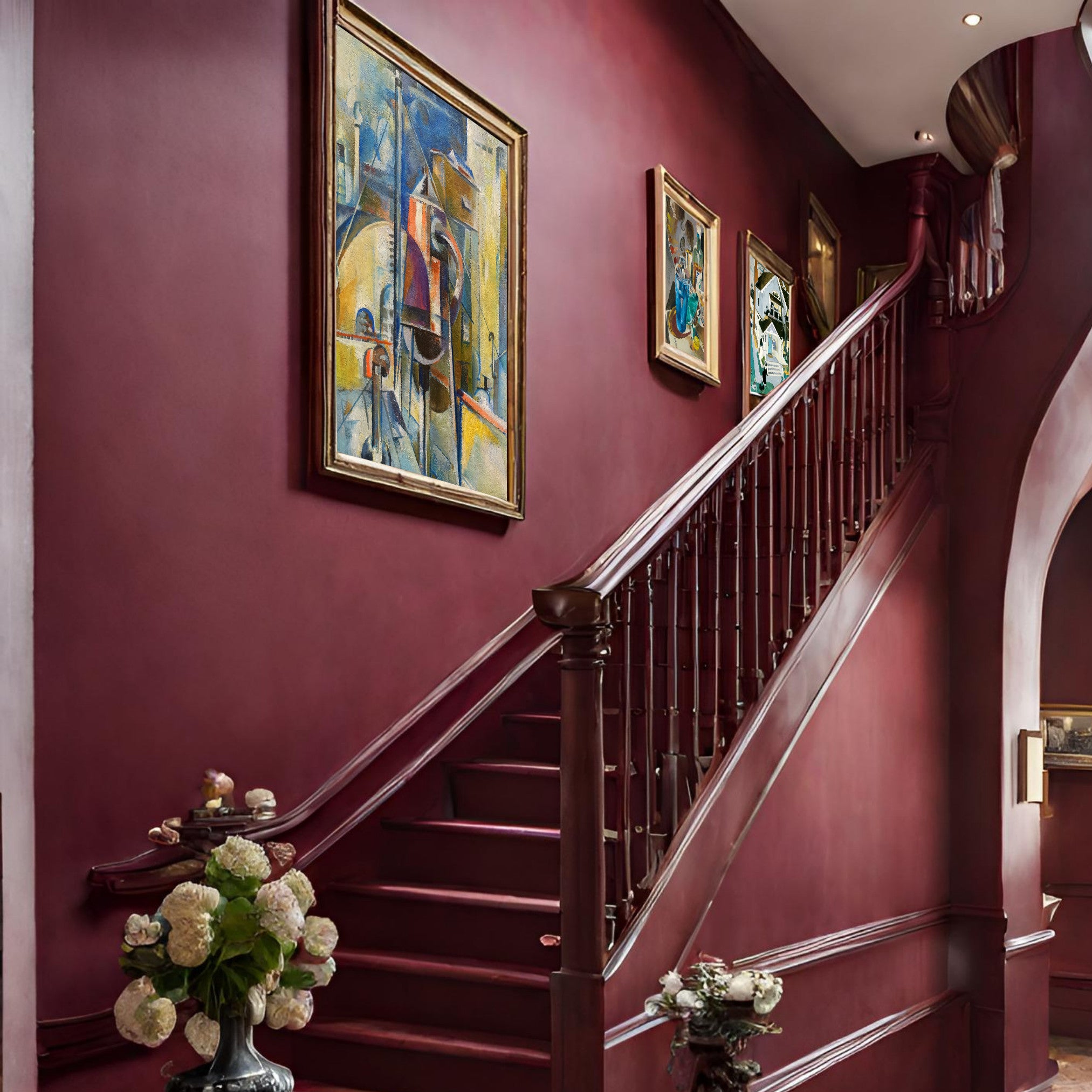 preston dickinson prints for maroon stairway walls