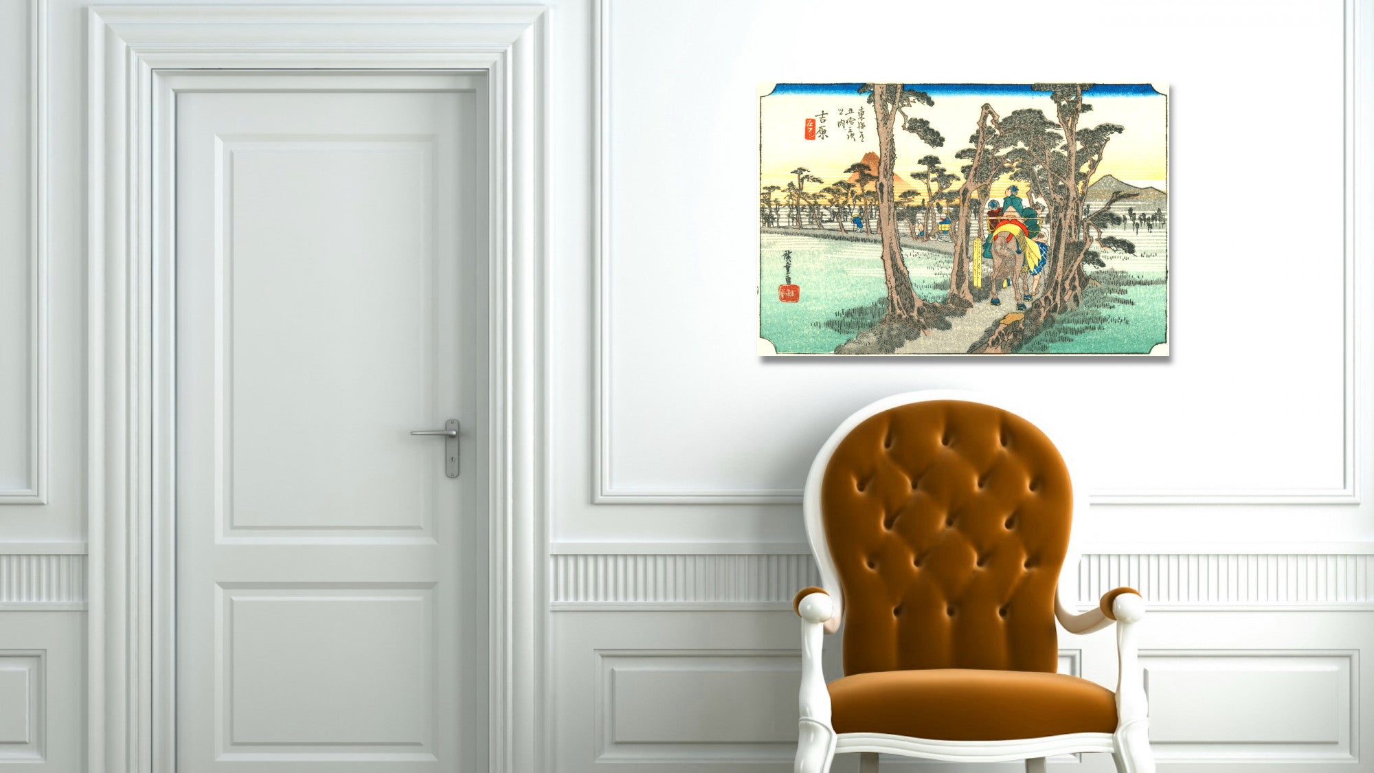 A framed Japanese ukiyo-e style art print hangs on a white paneled wall above an orange tufted armchair next to a white door.