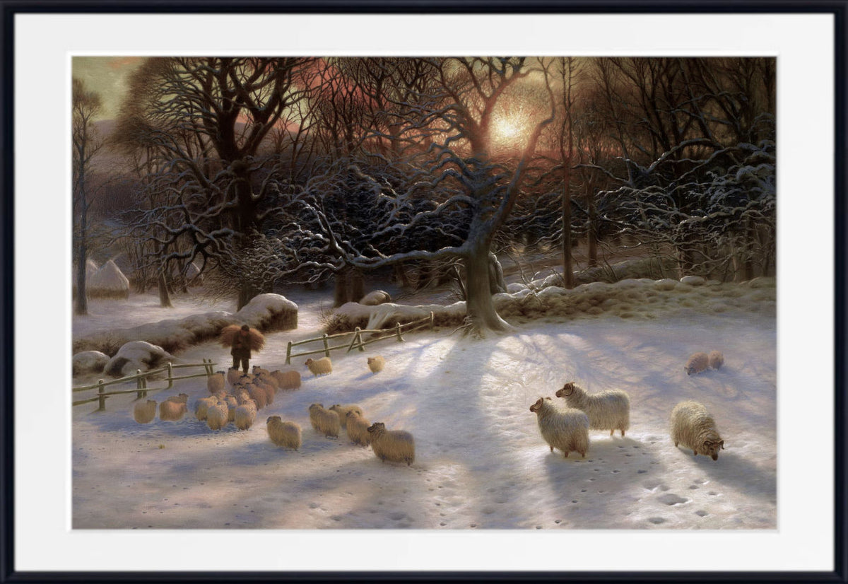 Joseph Farquharson Fine Art Print, Winter Landscape Sunset A framed winter landscape painting featuring a snowy field with sheep, bare trees, a fence, and a bright sun near the horizon. The artwork is presented with a white mat and a black frame.