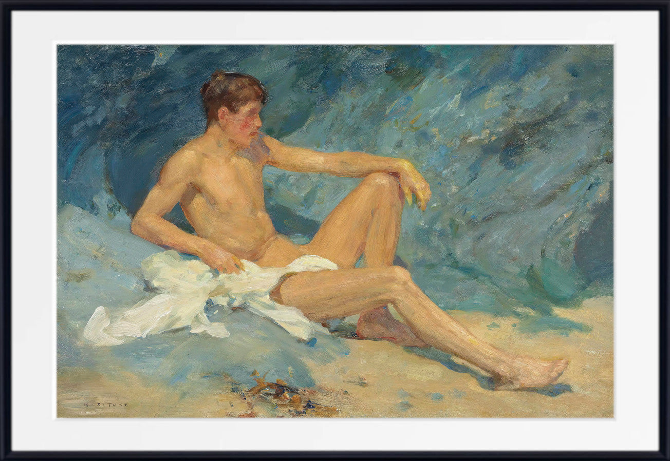 A male nude reclining on rocks, Henry Scott Tuke