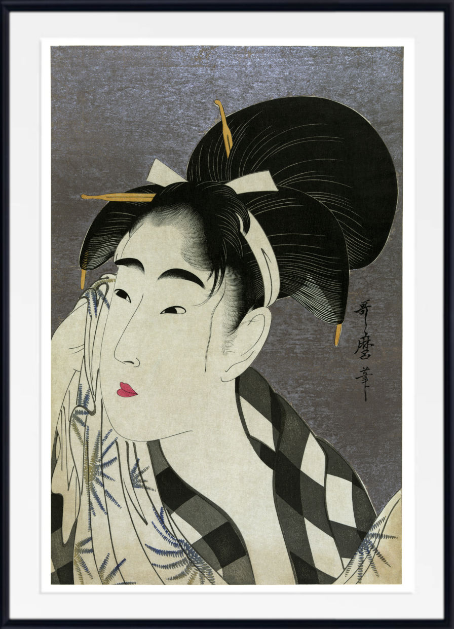 A framed Japanese ukiyo-e woodblock print featuring a woman in profile with a large black hair bun, pale face, red lips, and a black-and-cream patterned garment against a textured gray background.