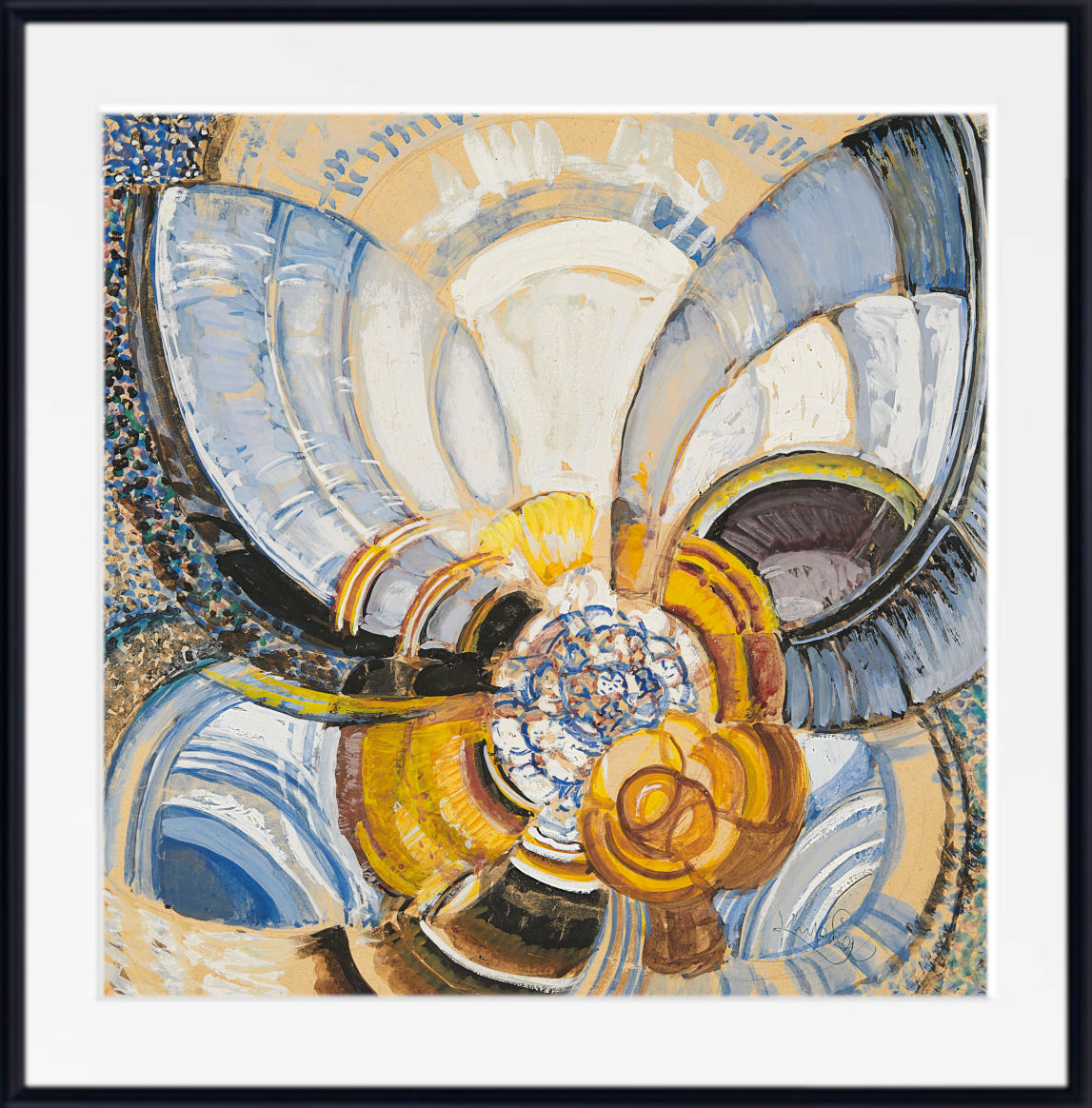 An abstract floral or butterfly-like painting with layered blue, white, gold, brown, and black brushstrokes, shown within a white mat and black frame.