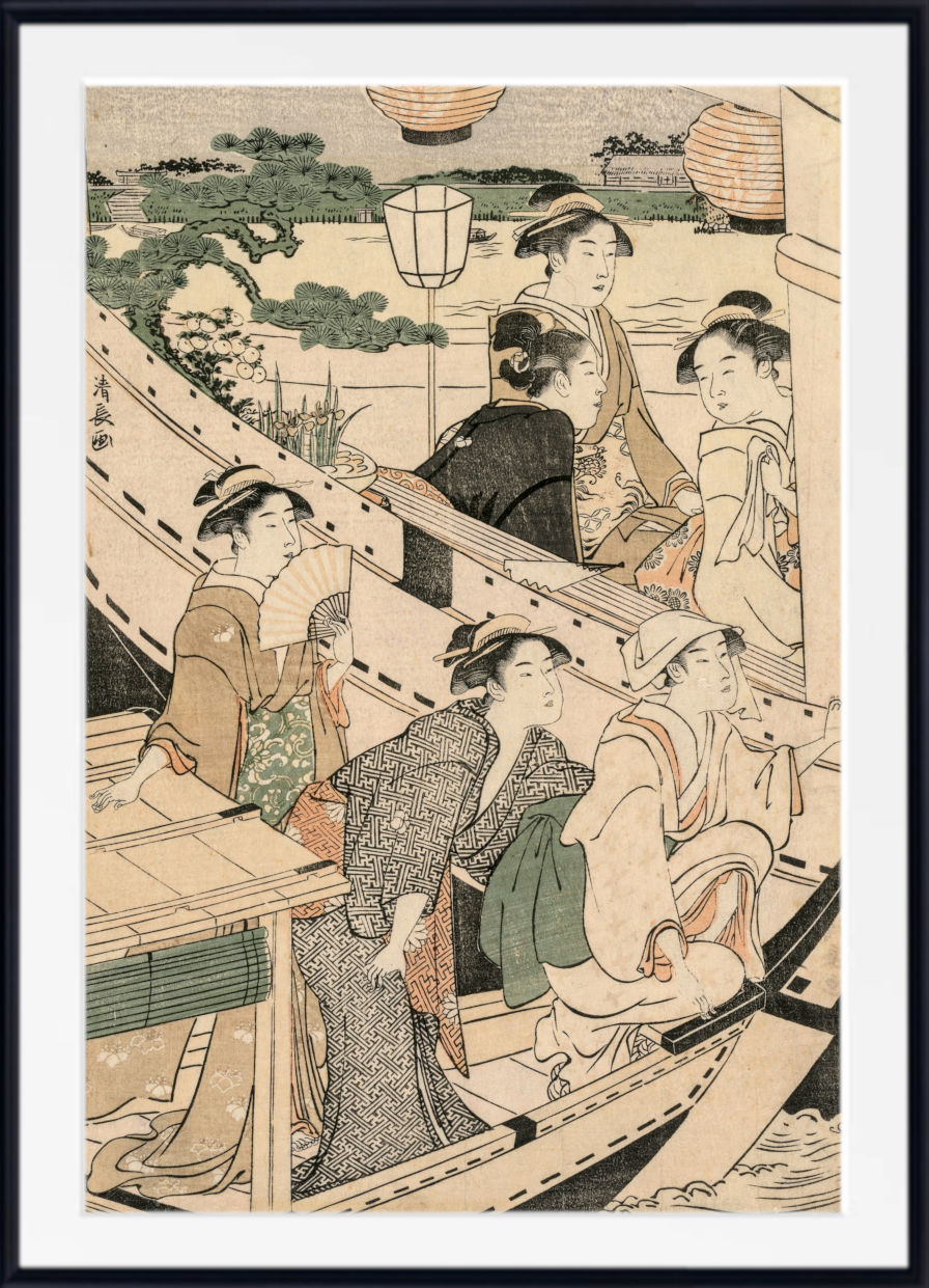 A framed Japanese ukiyo-e woodblock print depicting several women in boats on a river, with trees, lanterns, and distant buildings. The print is shown with a white mat and a black frame.