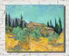 Vincent van Gogh Print, Wooden huts among olive and cypress trees (1889)