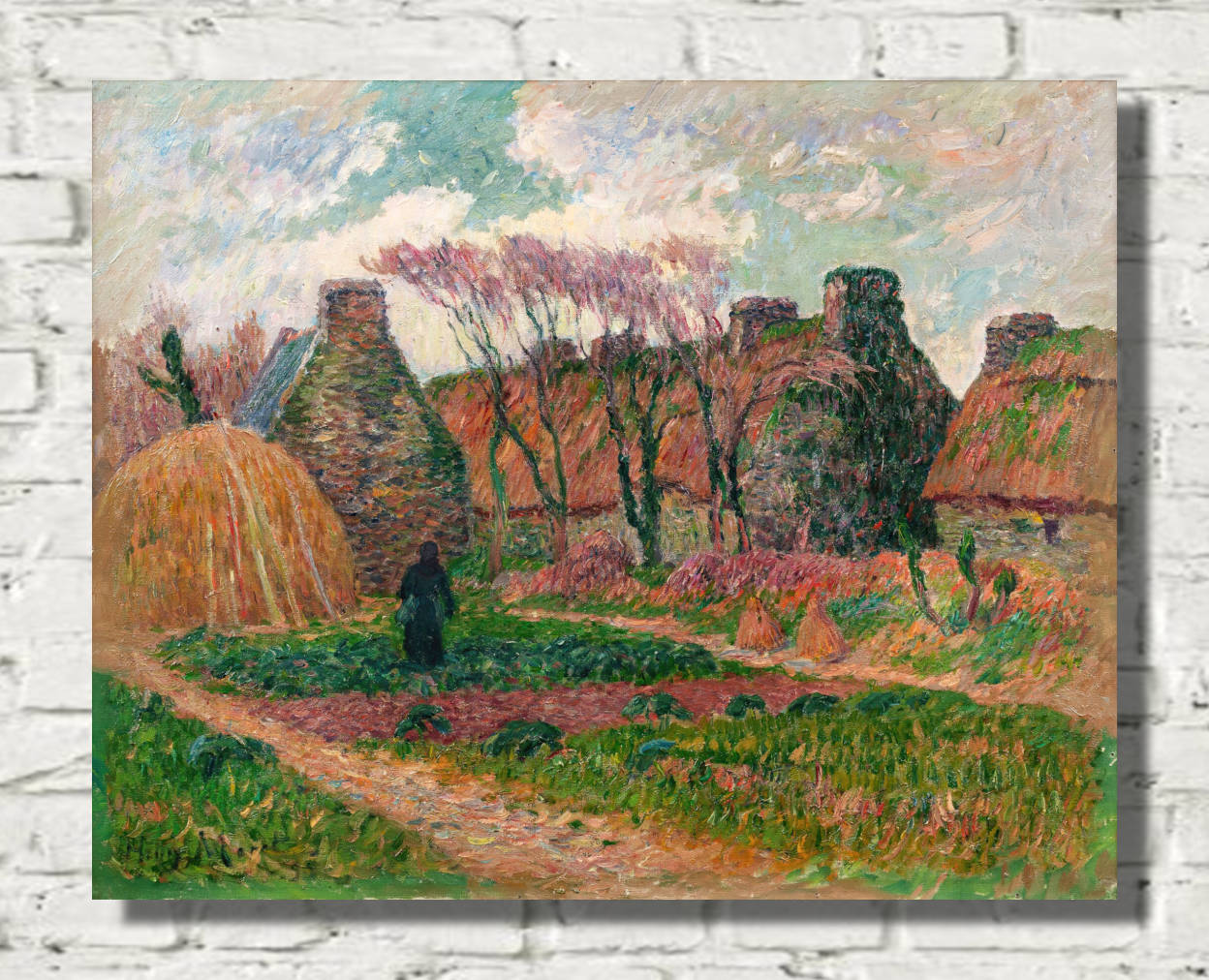 Henry Moret Print, Thatched cottages in Brittany, autumn colours