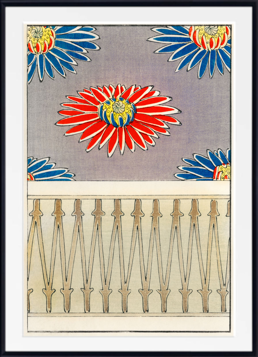 A framed art print featuring a vintage-style floral pattern with a large red and yellow flower on a gray background, blue flowers in the corners, and a cream-colored zigzag pattern of arrows at the bottom, enclosed in a black frame with a white mat.
