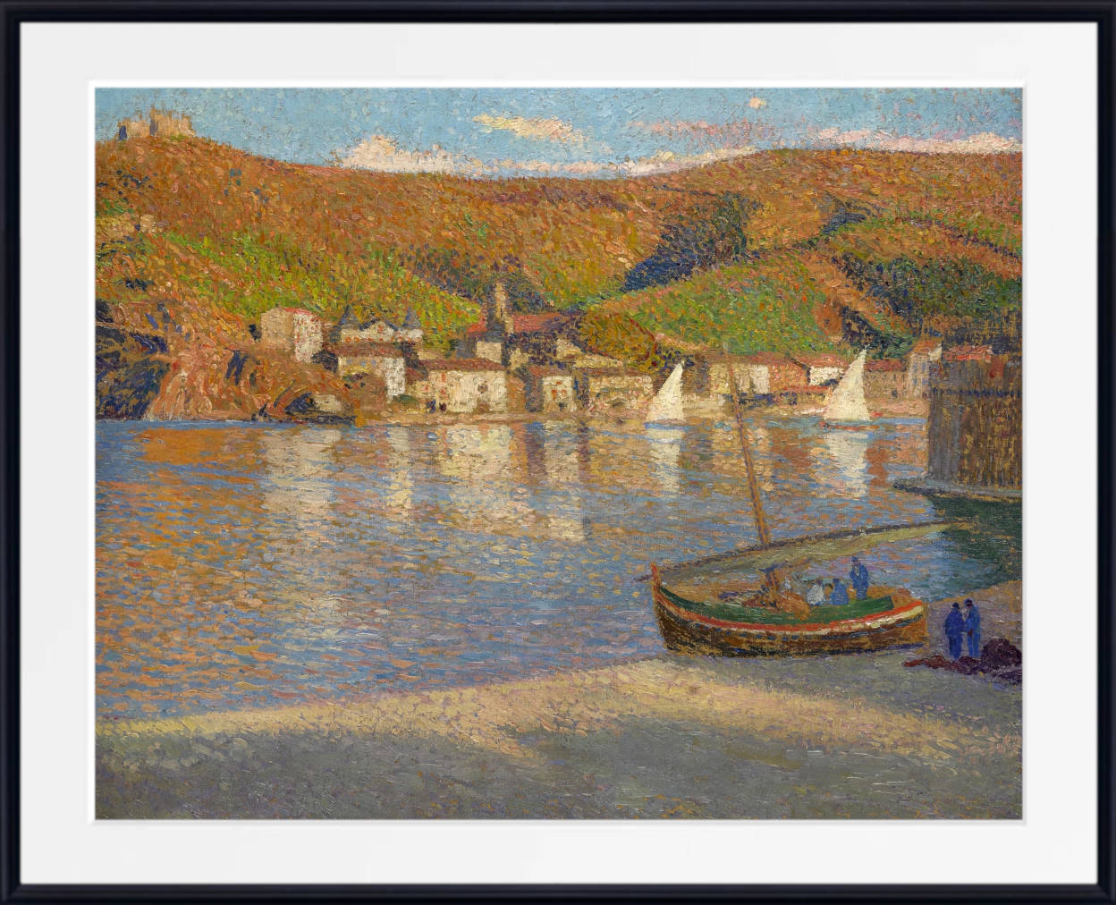 Henri Martin Print, Five fishermen and their boat stranded on the beach at Collioure (circa 1930)