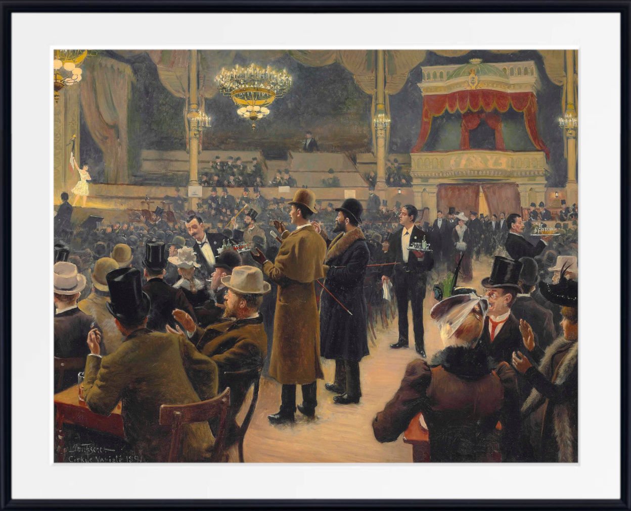 A framed historical painting depicting a crowded indoor performance or concert hall scene with many dressed figures, chandeliers, curtains, and a stage-like backdrop. The artwork is shown with a wide white mat and a black frame.