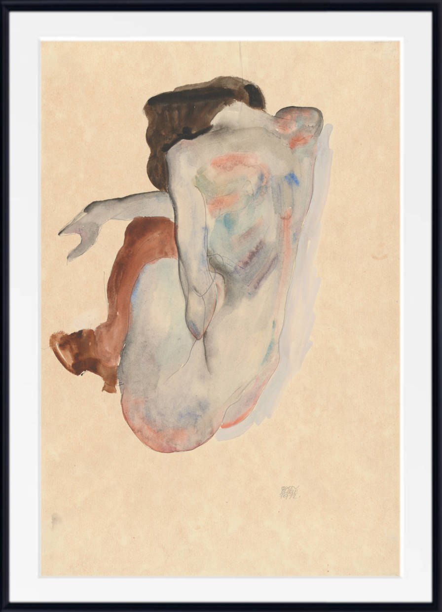 Crouching Nude in Shoes and Black Stockings, Back View, Egon Schiele Fine Art Print