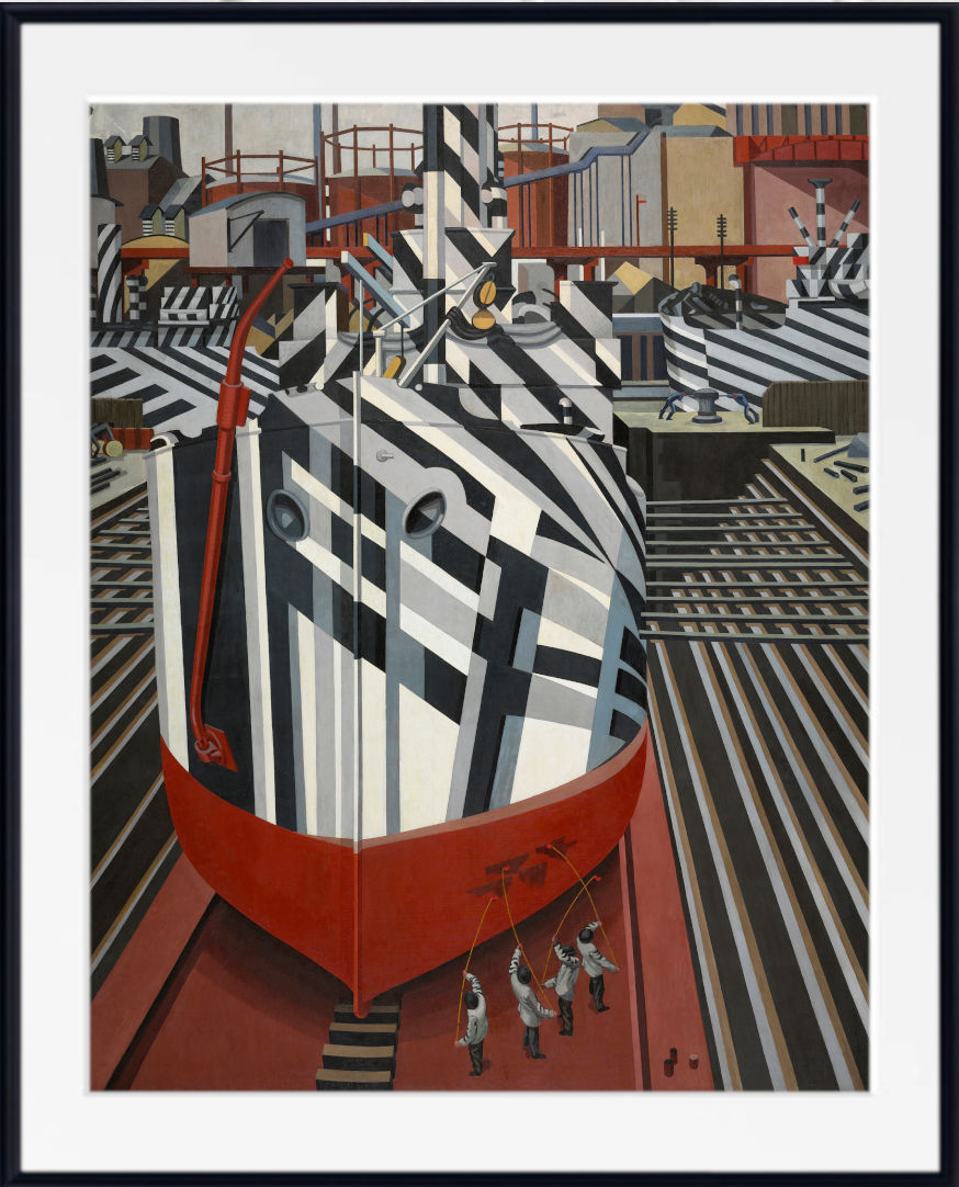 Dazzle-ships in Drydock at Liverpool, Edward Wadsworth A framed art print featuring a cubist-style illustration of a ship in a dock, with bold black, white, gray, and red geometric forms. The artwork is presented with a white mat and a thin black frame against a light background.