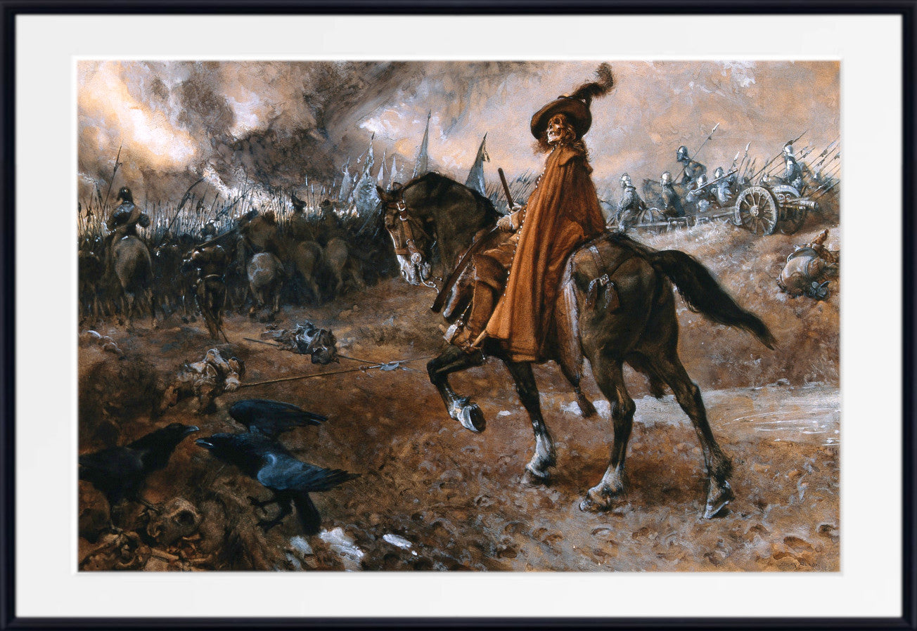 Death as general rides a horse on a battlefield (1911) by Edgar Bundy