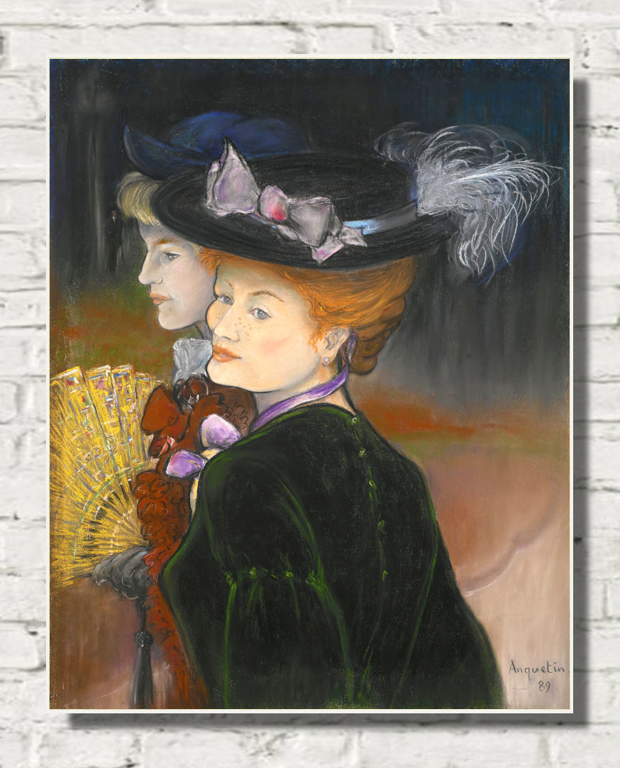 A vertical art print depicting a portrait of two women in vintage attire, shown hanging on a white brick wall. The woman in the foreground wears a black hat with feathers and a dark green coat, while the other woman holds a yellow fan.
