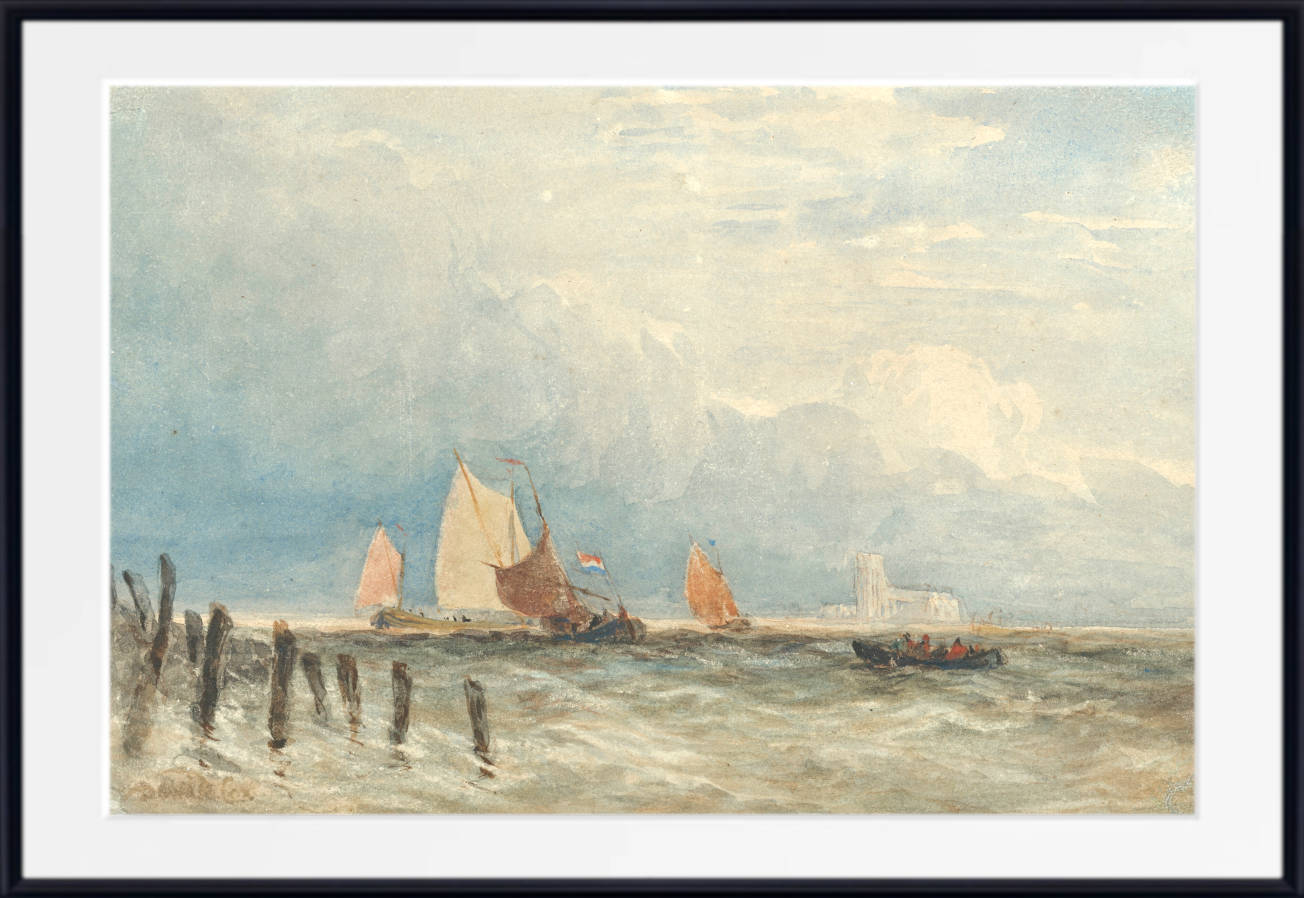 David Cox Print, Dutch fishing smacks off the coast, with Grote Kerk, Dordrecht in the distance