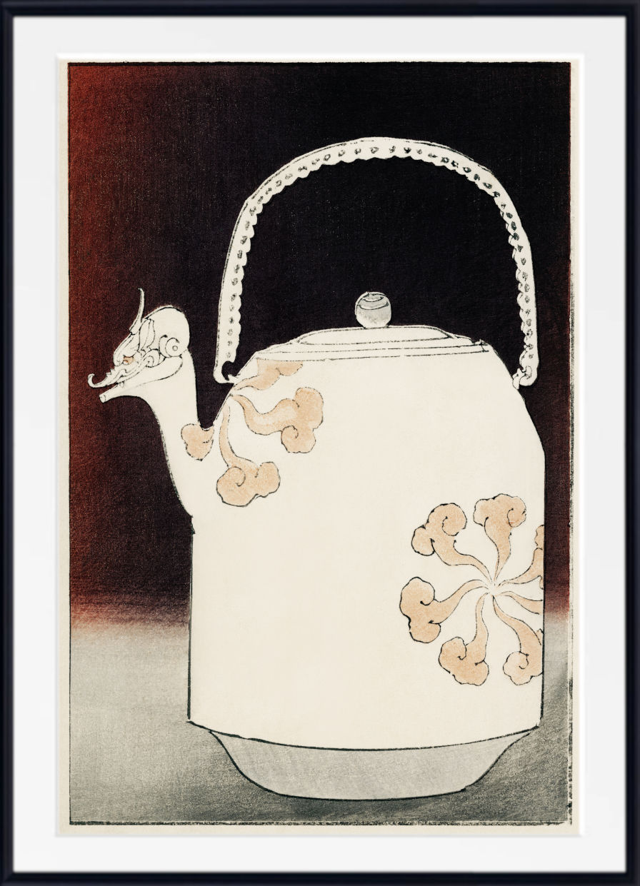 A framed art print depicting a white ceramic teapot with beige cloud-like patterns, set against a dark brown and black background.