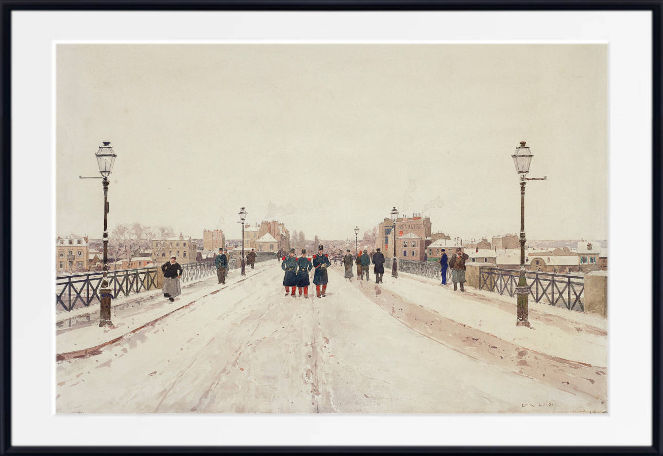Luigi Loir Fine Art Print: Figures on a Bridge in the Snow