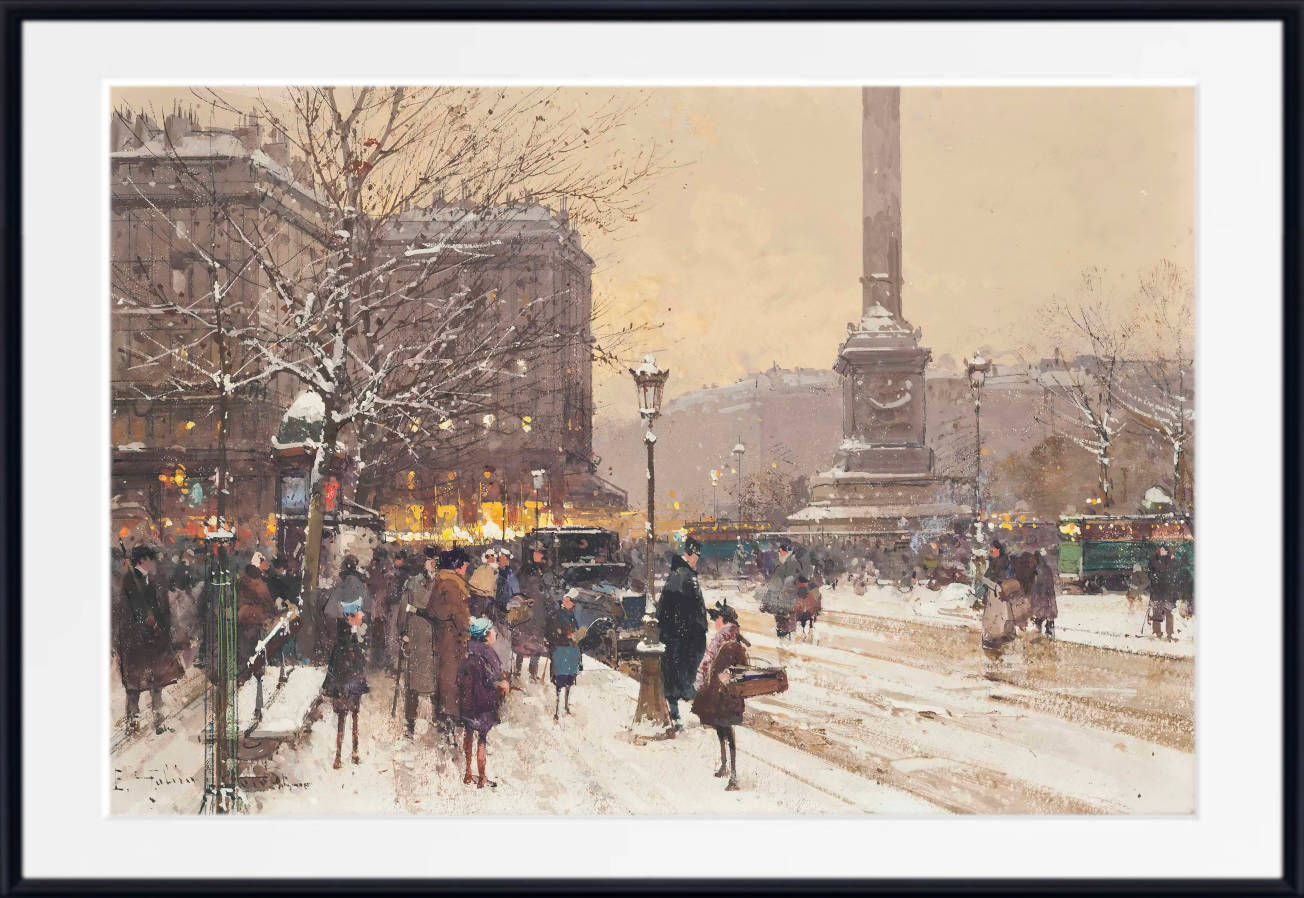 Eugène Galien-Laloue Print : Figures in the snow, the Place de Concorde, Paris