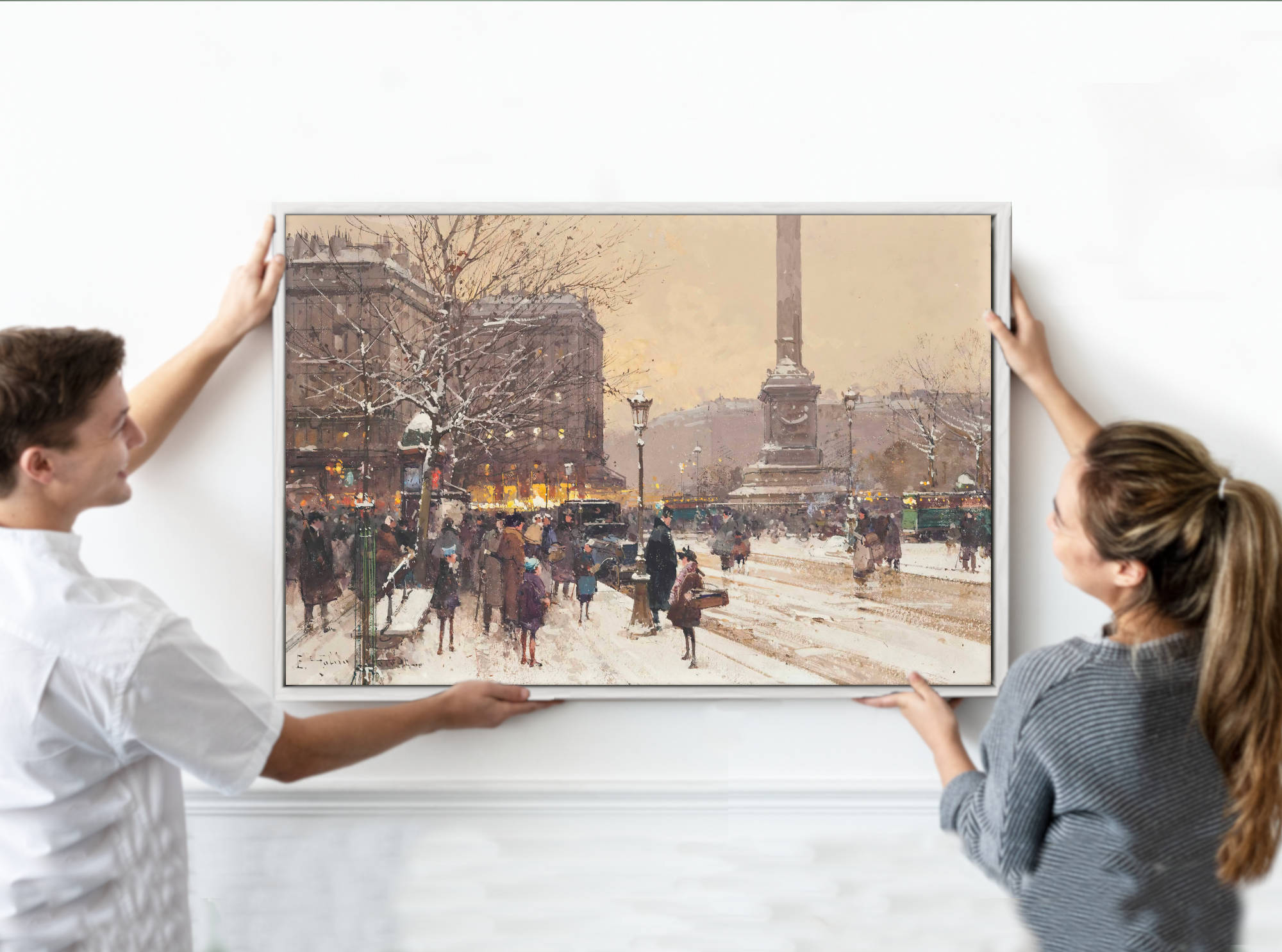 Eugène Galien-Laloue Print : Figures in the snow, the Place de Concorde, Paris
