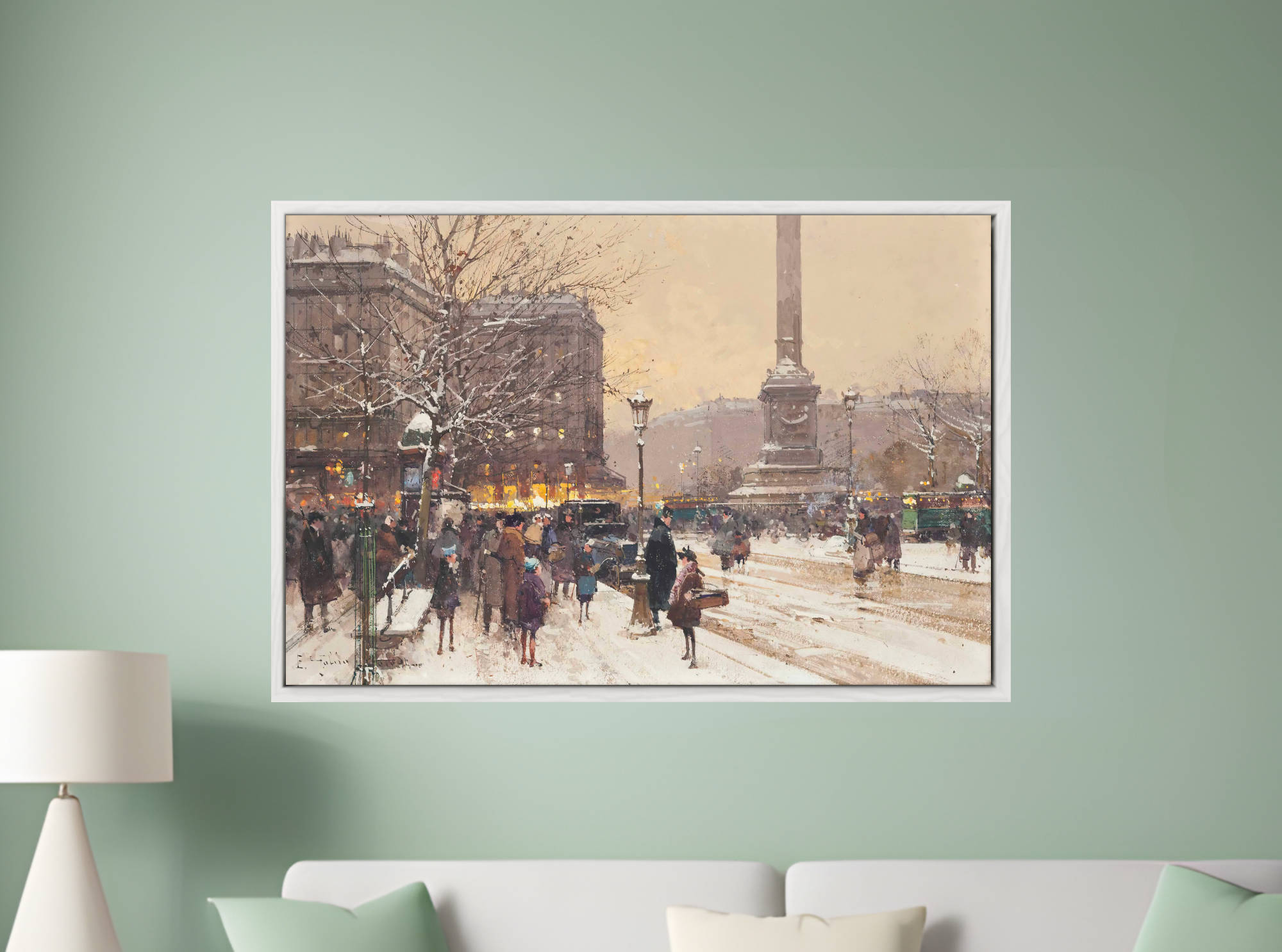 Eugène Galien-Laloue Print : Figures in the snow, the Place de Concorde, Paris