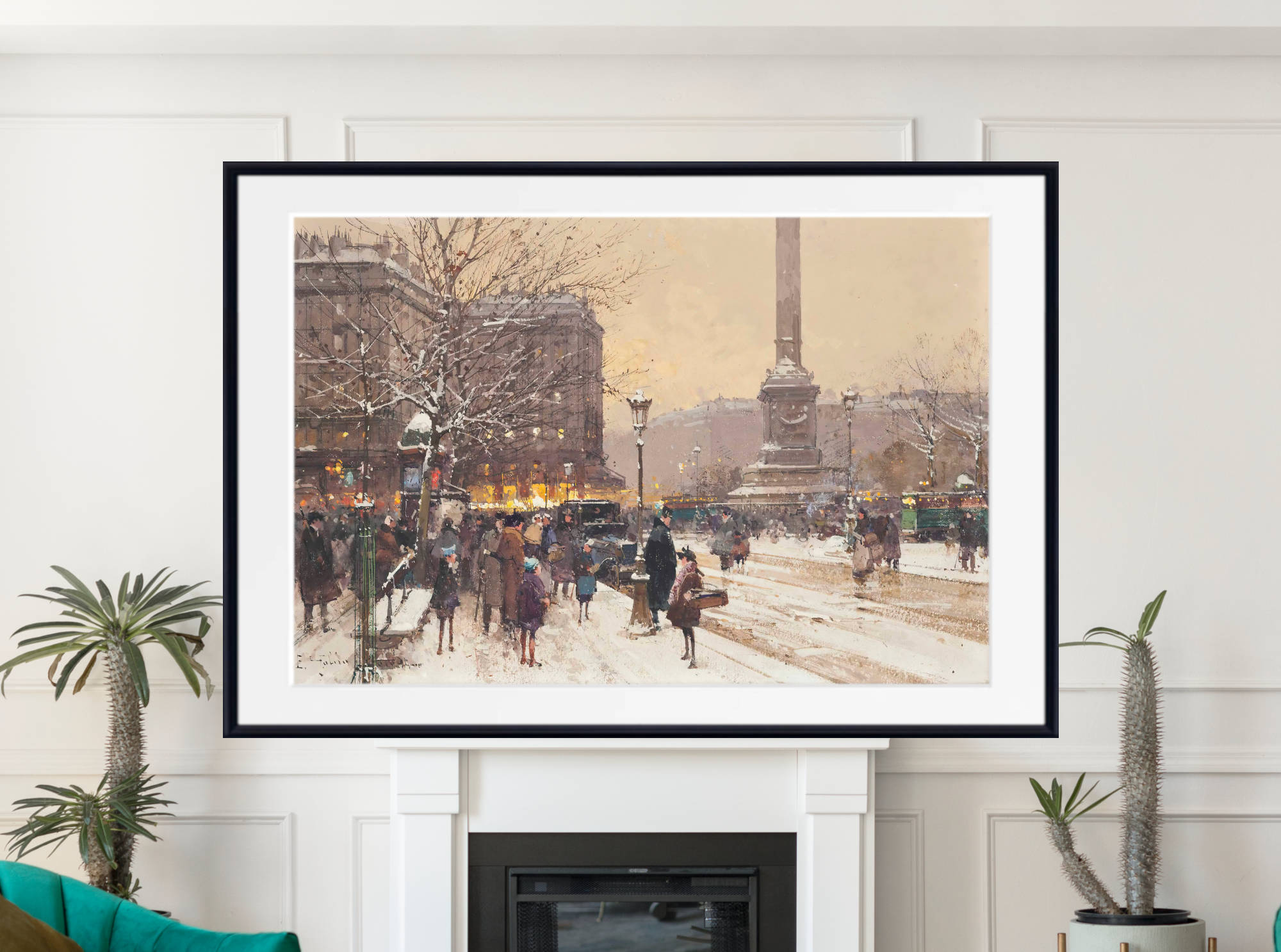 Eugène Galien-Laloue Print : Figures in the snow, the Place de Concorde, Paris