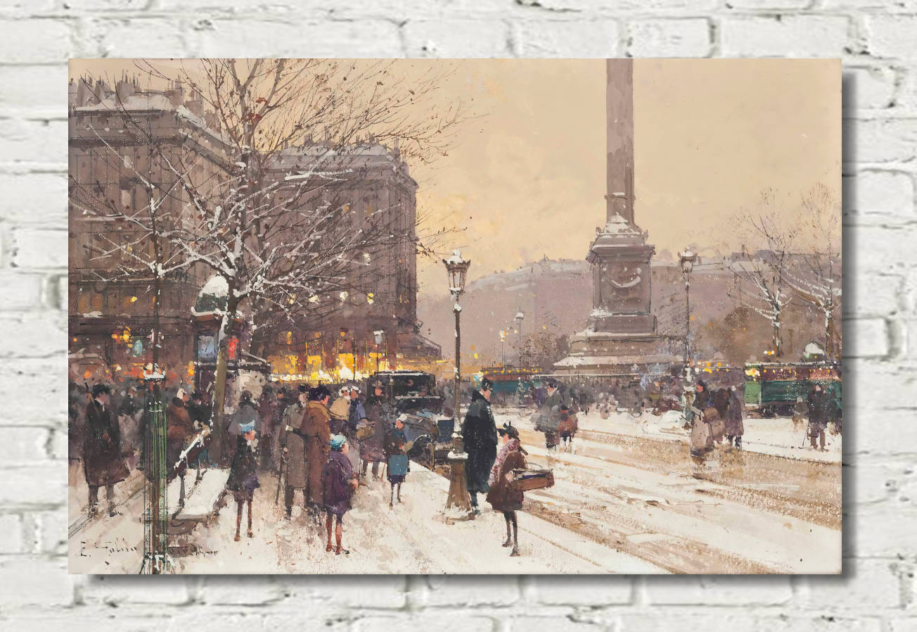 Eugène Galien-Laloue Print : Figures in the snow, the Place de Concorde, Paris