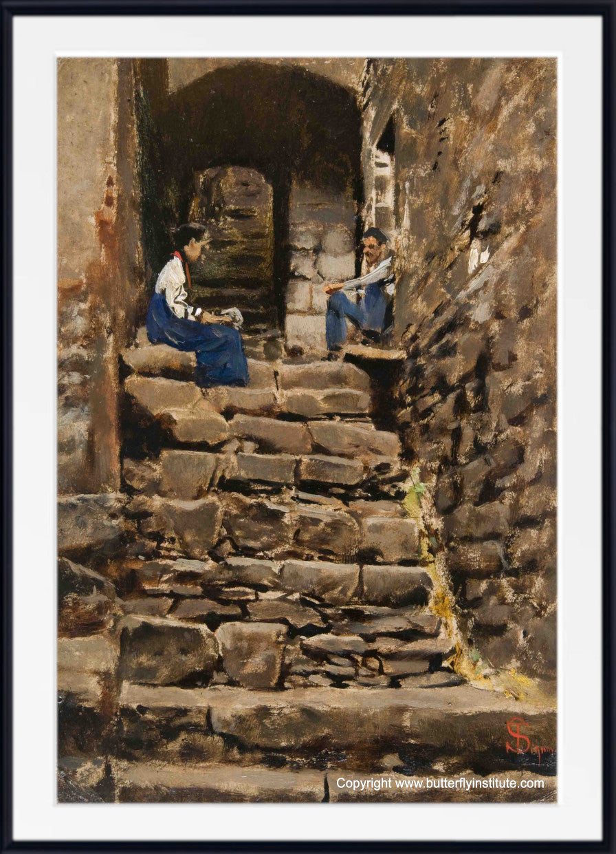 Figures on the stairs at Pian Castagnaio by Telemaco Signorini