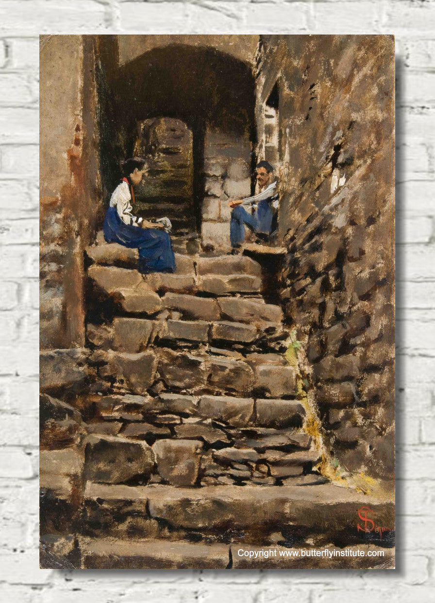Figures on the stairs at Pian Castagnaio by Telemaco Signorini