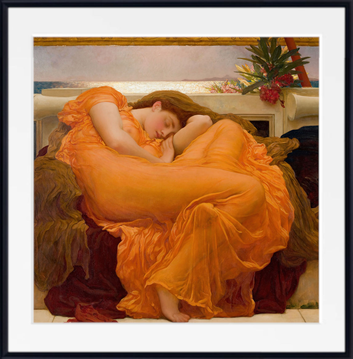 Flaming June, Frederic Leighton Fine Art Print Framed art print of the classic painting 'Ophidia' by John William MacDonald, depicting a sleeping woman in a flowing orange gown, presented in a black frame with a white mat.