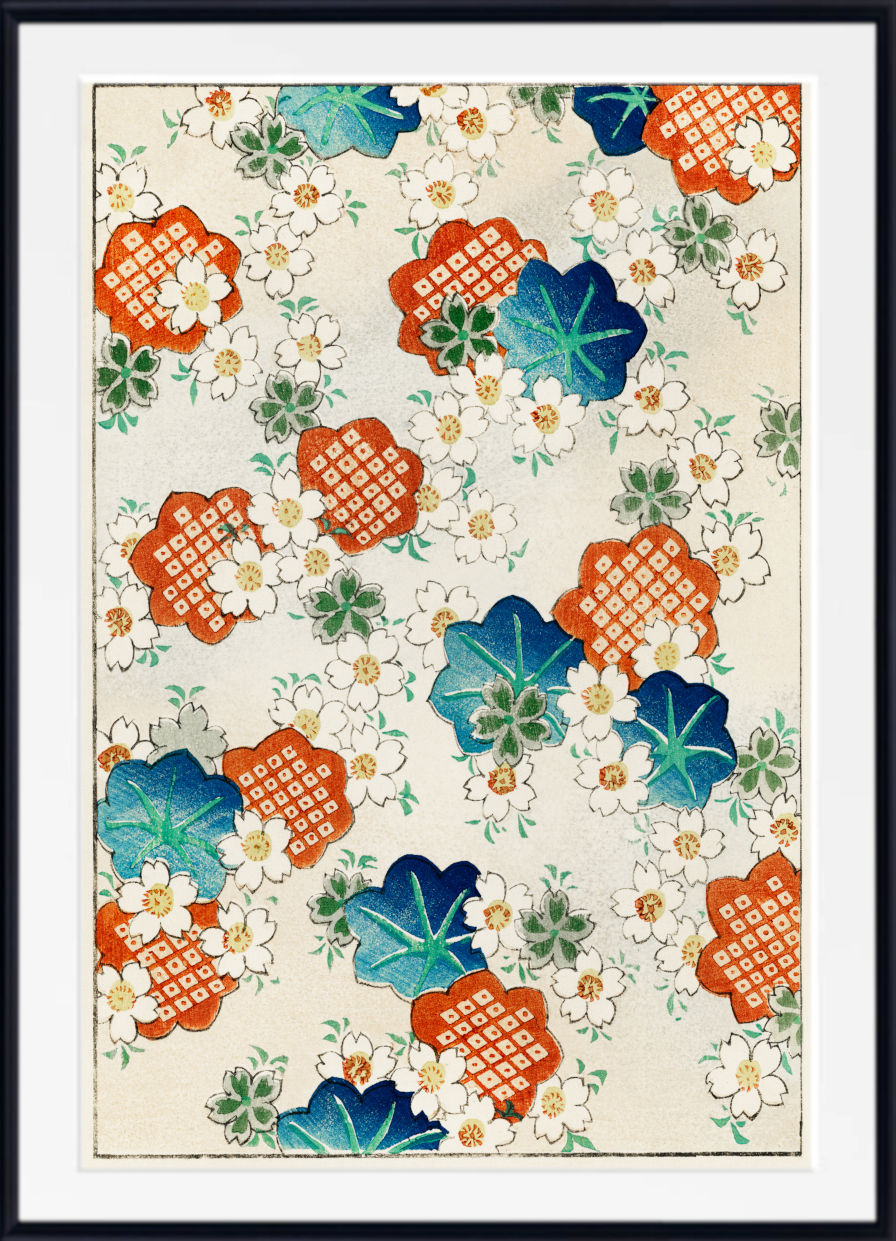 A framed art print featuring a traditional Japanese floral pattern with orange lattice-patterned flowers, teal and blue leaves, and small white blossoms on an off-white background, enclosed in a black frame with a white mat.