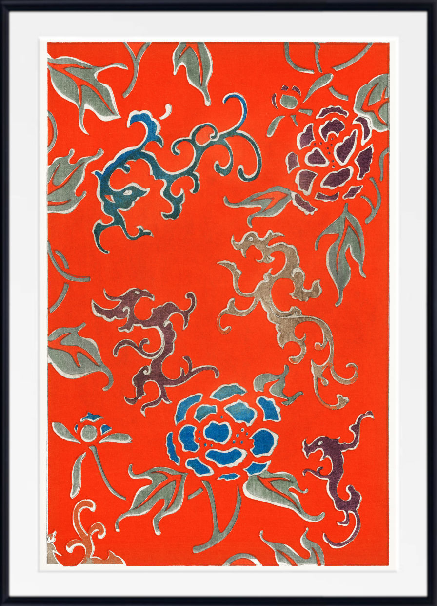Framed Chinese-style art print featuring a vibrant red background with blue and metallic gold floral and scroll motifs, enclosed in a white mat and black frame.
