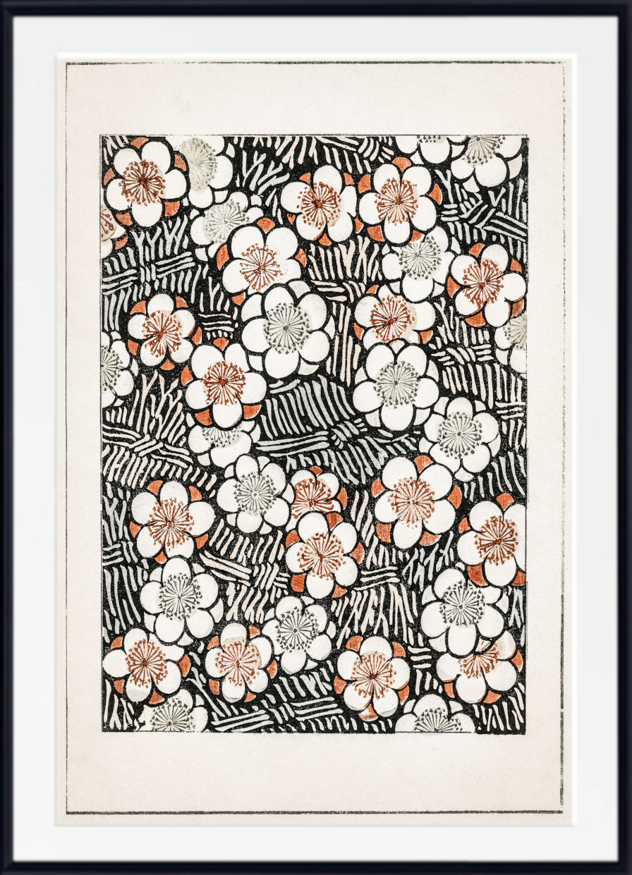 Framed floral art print featuring white and peach blossoms with black and white leafy patterns on a cream background, enclosed in a black frame with a white mat.