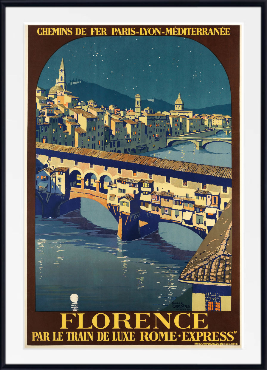 Vintage-style travel poster for Florence, showing the Ponte Vecchio bridge over a river at night, with the text 'CHEMINS DE FER PARIS-LYON-MÉDITERRANÉE' at the top and 'FLORENCE PAR LE TRAIN DE LUXE ROME-EXPRESS' at the bottom. The poster is framed with a white mat and black border.