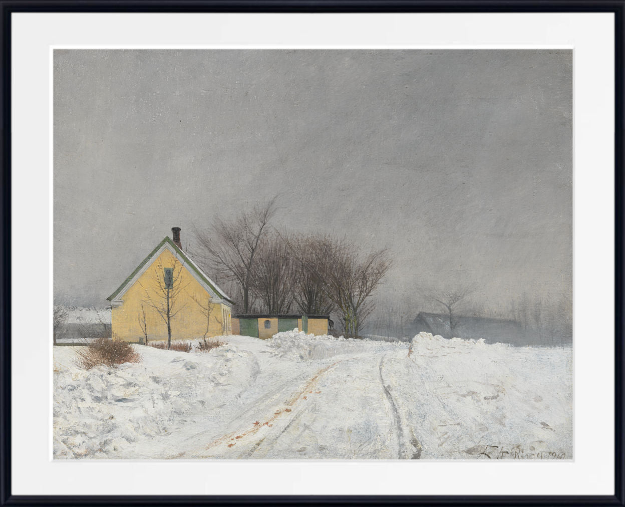 A framed winter landscape painting featuring a small yellow house, bare trees, and a snow-covered path under a gray sky, shown with a white mat and black frame.