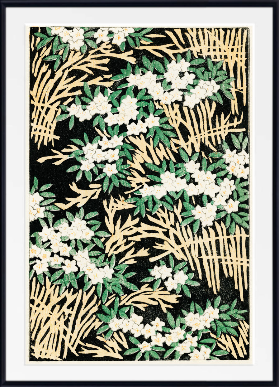 A framed botanical art print featuring white flowers and green leaves layered over cream-colored palm fronds on a black background, enclosed in a white mat and black frame.