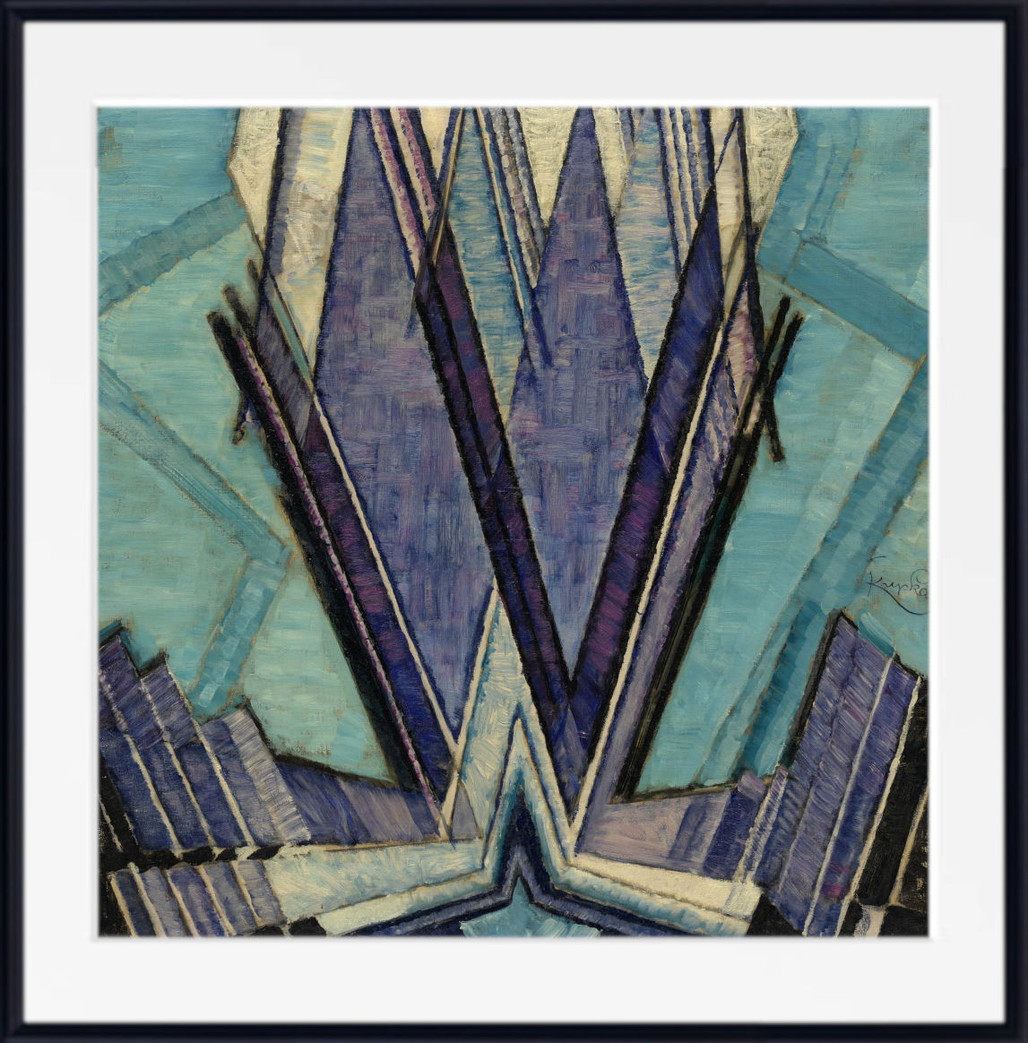 Framed abstract geometric wall art featuring sharp angular forms in shades of blue, purple, teal, and cream, presented in a black frame with a white mat.