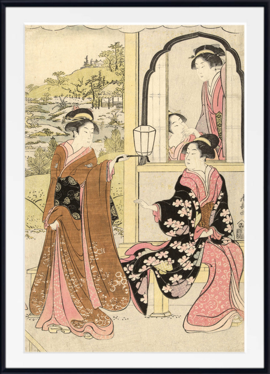 A framed Japanese-style art print depicting three women in traditional robes, with one seated woman in a black floral kimono and pink skirt, another standing in a brown robe, and a third visible in a mirror reflection. The print is shown with a white mat and black frame.