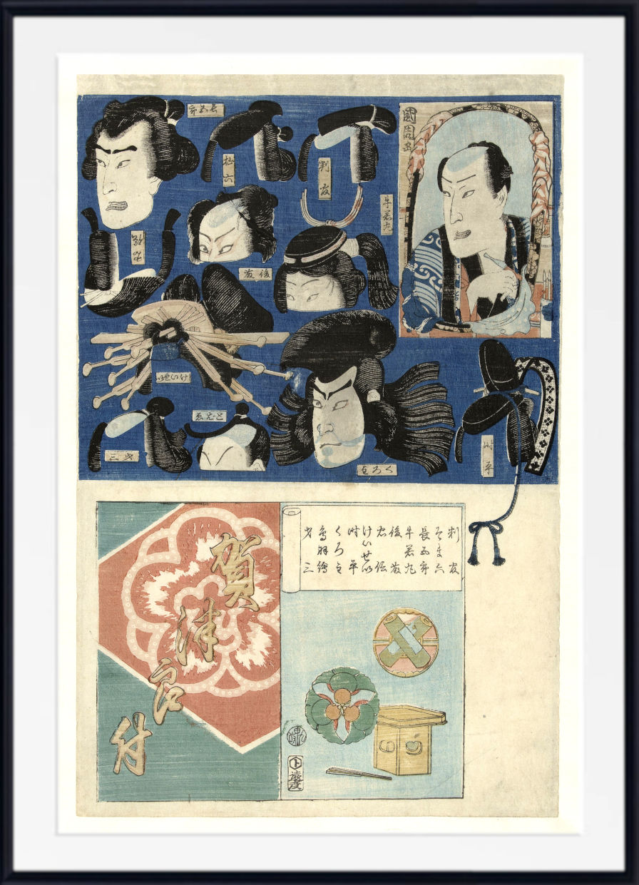 A framed Japanese ukiyo-e woodblock print featuring multiple illustrated faces and hair styles on a blue background, with a red floral panel and smaller illustrated elements below. The print is shown with a white mat and black frame.