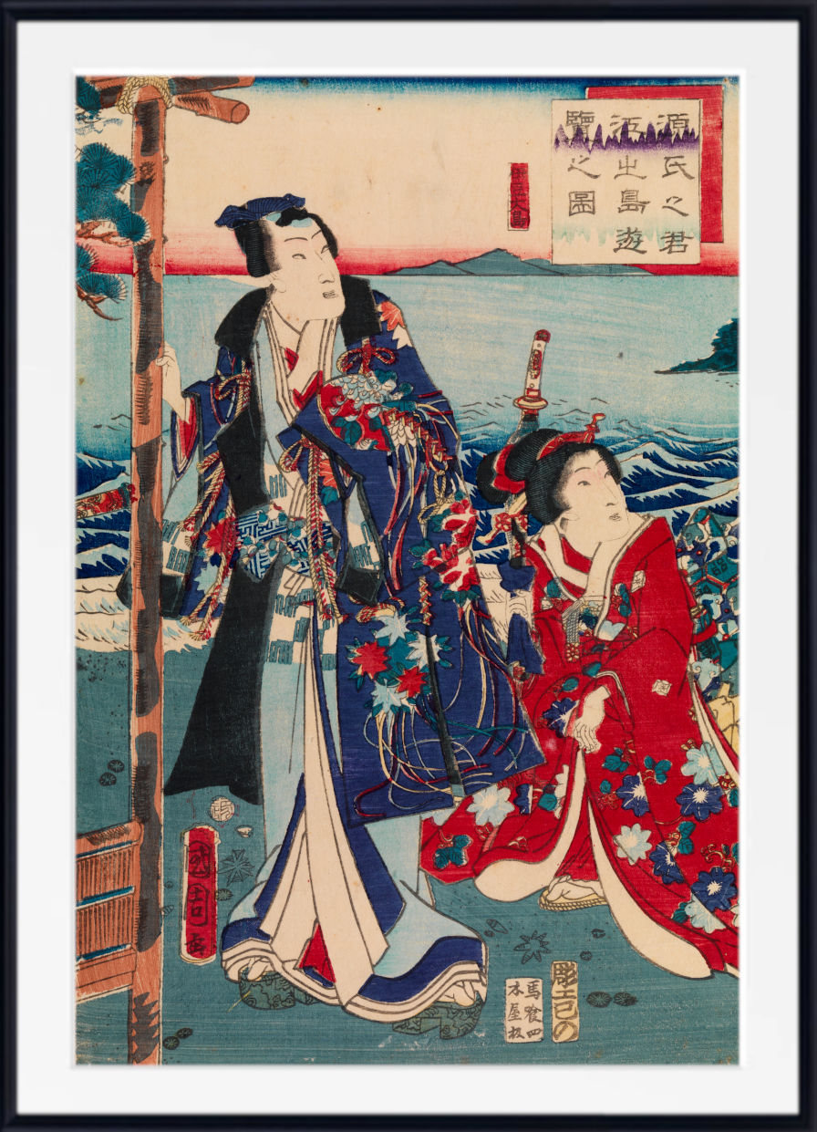 A framed Japanese ukiyo-e woodblock print showing two figures in ornate traditional robes by the sea, with a black frame and white mat around the artwork.