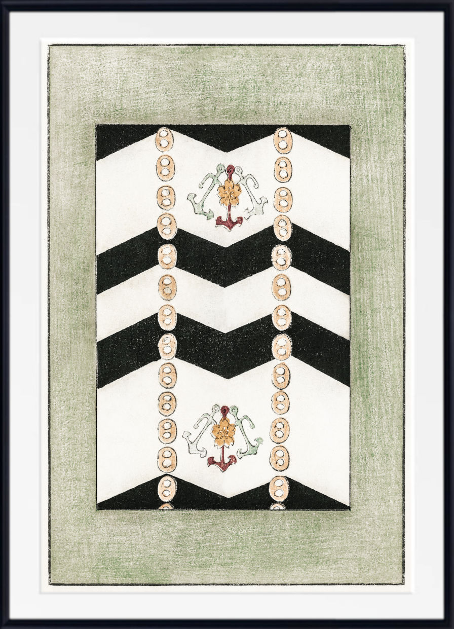 A framed art print featuring a vertical chevron pattern in black and white with decorative gold and red crest details, set against a textured sage green background with a white mat and black frame.