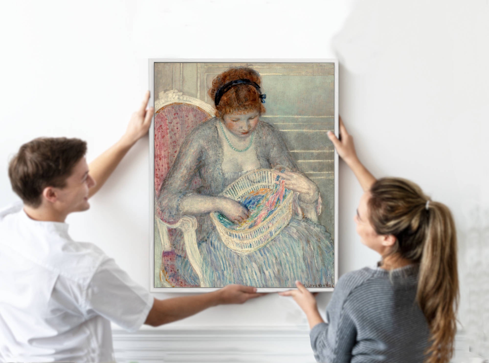 Frederick Carl Frieseke Prints, Girl with a Basket of Ribbons (1915) from GalleryThane