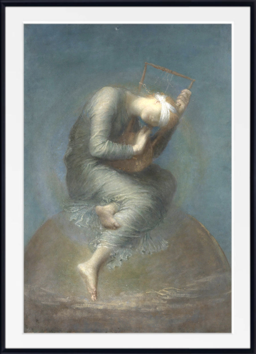 George Frederic Watts Fine Art Print, Hope A framed art print featuring a classical painting of a woman seated on a stone, playing a lyre, with a white mat border and black frame.
