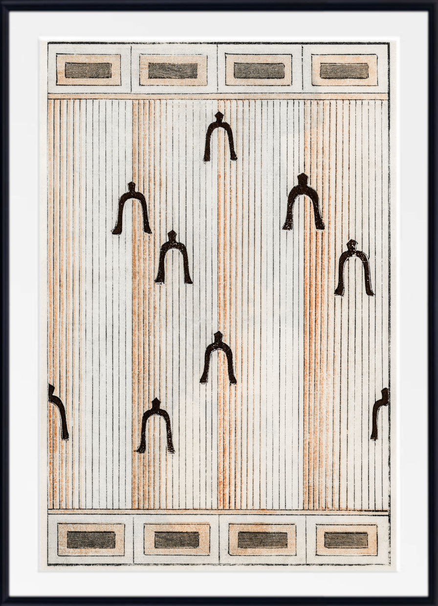 An abstract art print featuring a vertical striped pattern in beige, brown, and white, accented with black arch-like figures, framed with a white mat and black frame.