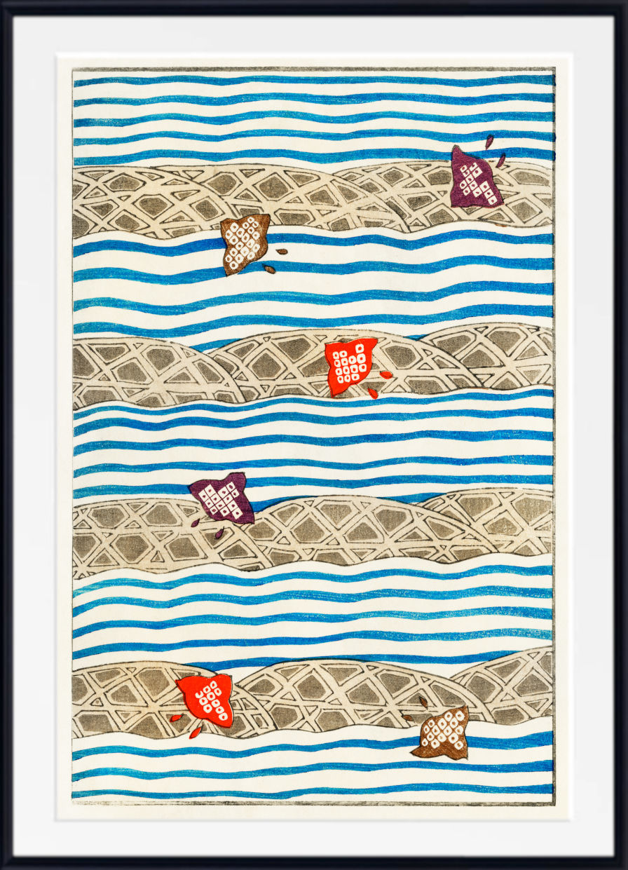 A framed art print featuring horizontal wavy bands of blue and white, overlaid with beige patterned sections, and decorated with small stylized fish in red, brown, and purple, shown in a black frame with a white mat.