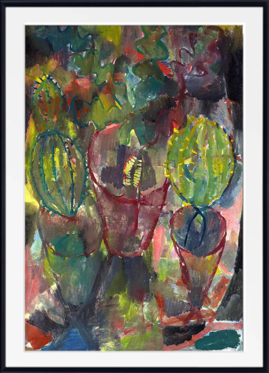 An abstract painting of stylized cacti and succulents in a multicolor palette of greens, yellows, reds, and blues, presented in a black frame with a white mat. Paul Klee Fine Art Print, Kakteen (1912)