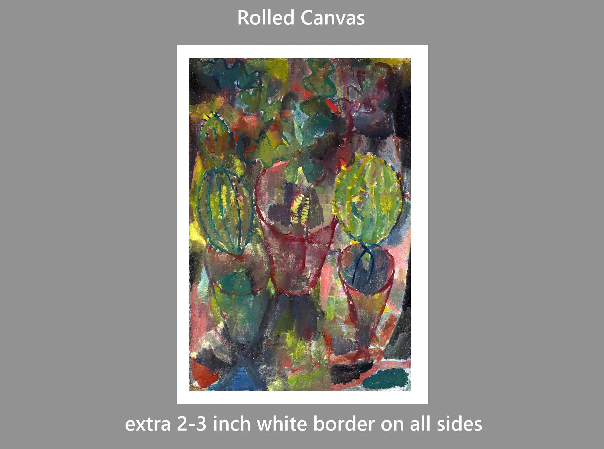 A rolled canvas art print preview on a gray background, showing an abstract painting with green, red, blue, and black brushstrokes. Text at the top reads 'Rolled Canvas' and text at the bottom says 'extra 2-3 inch white border on all sides'. Paul Klee Fine Art Print, Kakteen (1912)