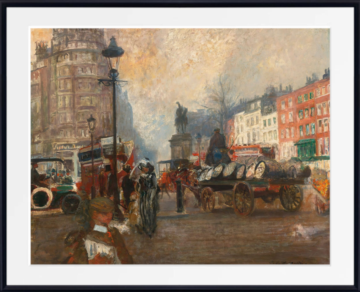 An impressionist-style painting of a busy city street scene with pedestrians, horse-drawn carts, buildings, and vintage vehicles, shown with a wide white mat and black frame.