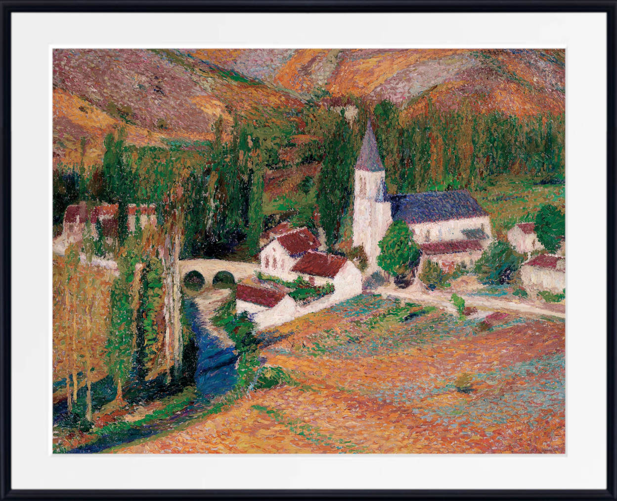 The church of Labastide-du-Vert with the bridge and the river, on an autumn evening