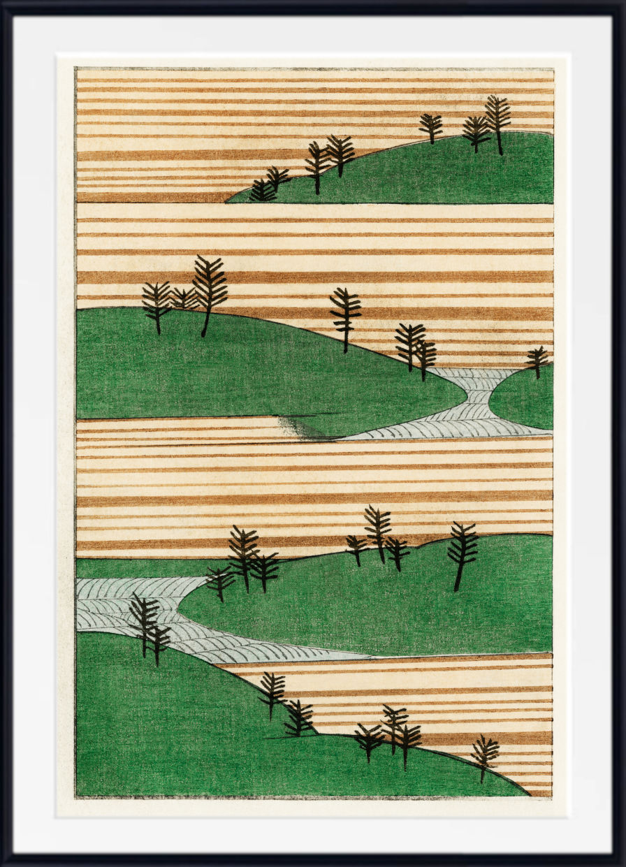 A framed art print featuring a stylized landscape with green hills, black trees, and winding light gray paths against a striped beige and brown background, shown in a white mat and black frame.