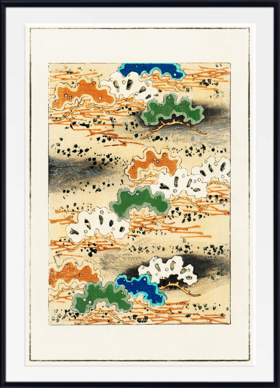 Framed abstract art print featuring a Japanese-style landscape with stylized mountains, clouds, and flowing lines in beige, orange, green, blue, black, and white.