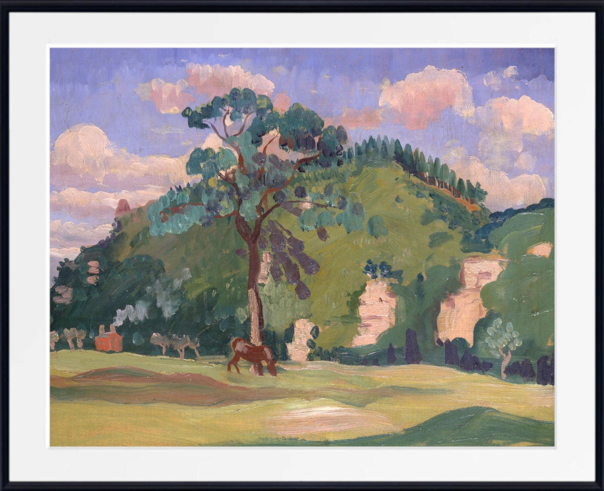A framed landscape art print featuring a green hillside, trees, and a blue sky with pink clouds, displayed on a white wall above a mantel with potted plants.